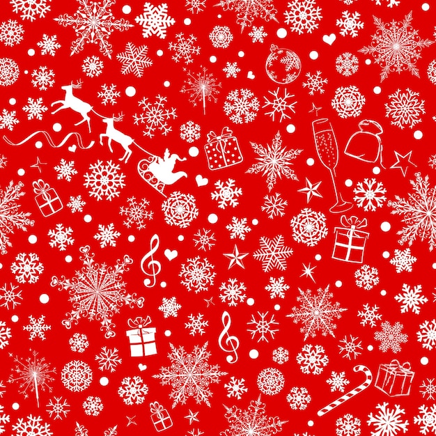 Christmas seamless pattern of various snowflakes and holiday symbols, white on red background