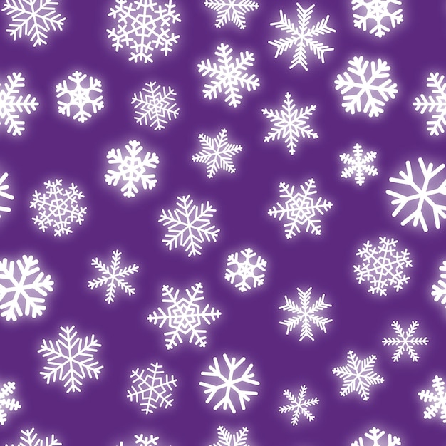 Christmas seamless pattern of white snowflakes of different shapes on purple background