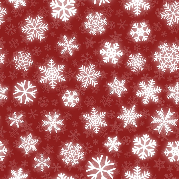 Christmas seamless pattern of white snowflakes of different shapes on red background