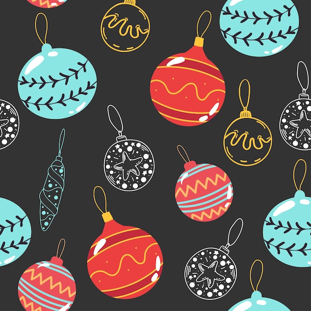 Christmas seamless pattern with balls, baubles, cones, bows background