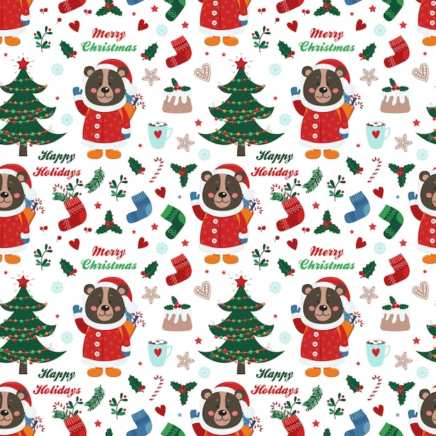 Christmas seamless pattern with bear