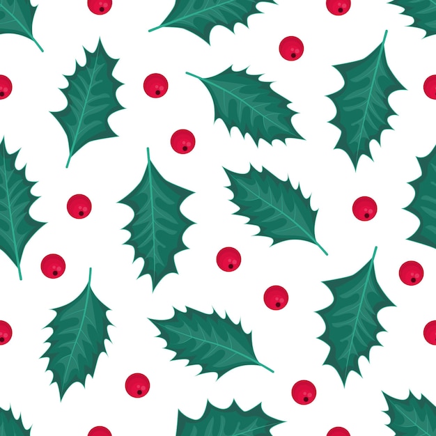 Christmas seamless pattern with berries and holly leaves