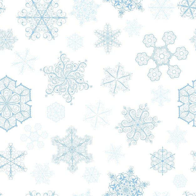 Christmas seamless pattern with big and small cyan snowflakes on white background