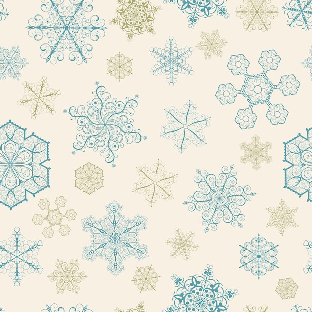 Christmas seamless pattern with big and small snowflakes on beige background