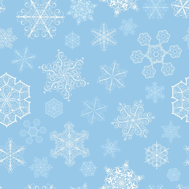 Christmas seamless pattern with big and small white snowflakes on cyan background