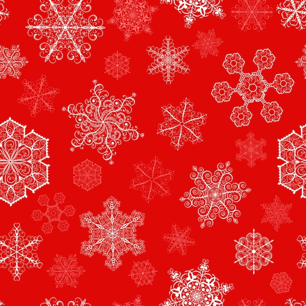 Christmas seamless pattern with big and small white snowflakes on red background