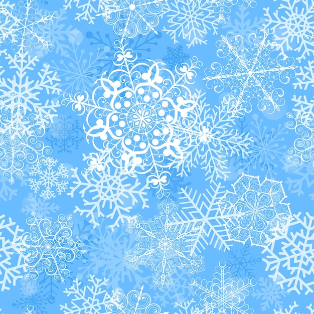 Vector christmas seamless pattern with big snowflakes on light blue background