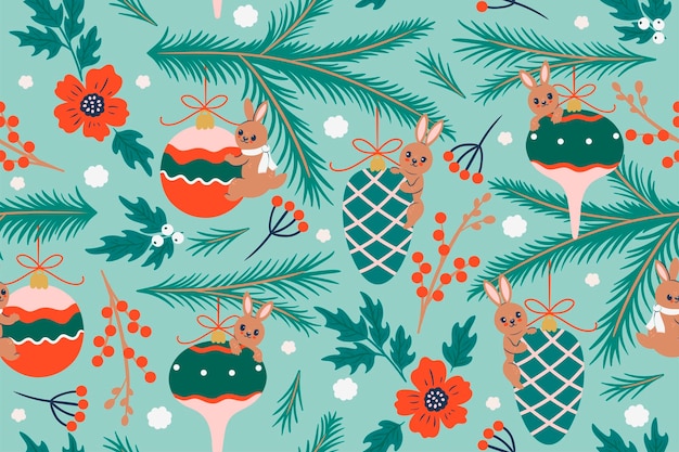 Christmas seamless pattern with bunnies and winter decor