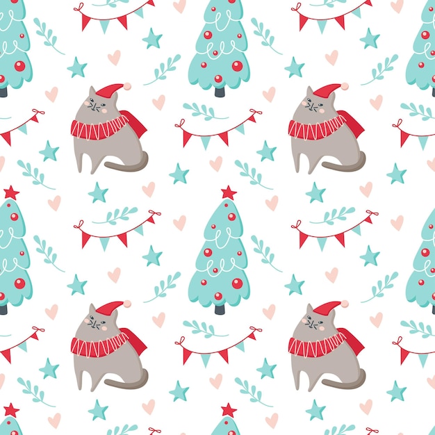 猫、木、白い背景で隔離の星とクリスマスのシームレスなパターン。ベクトルフラットイラスト。背景、ラッピング、壁紙、テキスタイル、パッケージングのデザイン