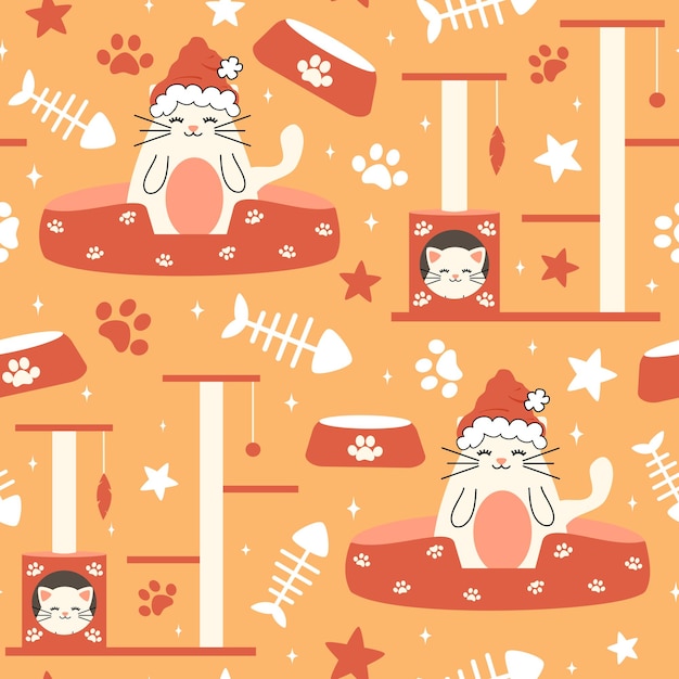 Vector christmas seamless pattern with cat with santa claus hat, scratching post, stars, paw prints