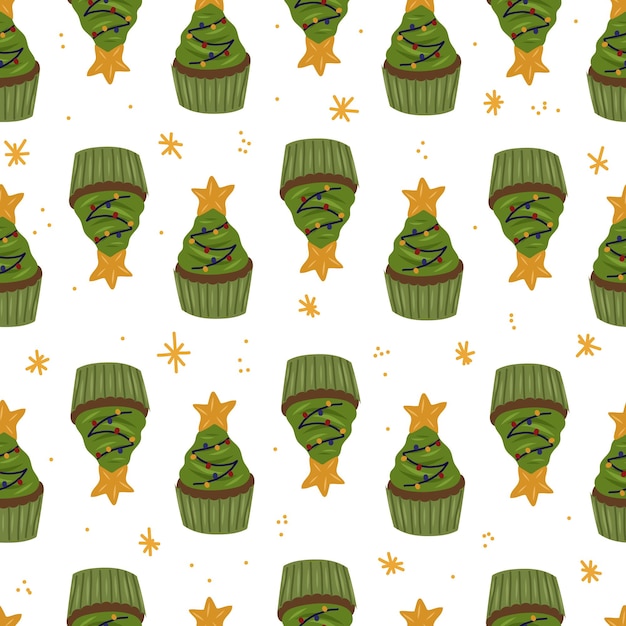 Christmas seamless pattern with christmas tree cake on white background.Vector hand drawn cartoon illustration.