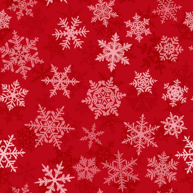 Christmas seamless pattern with complex big and small snowflakes white on red background