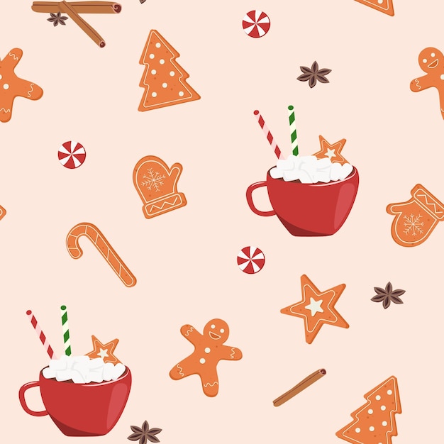 Christmas seamless pattern with cookies and cocoa mug with candies