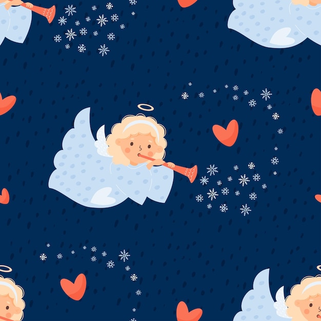 Christmas Seamless pattern with cute angel girl with pipe on blue background with snowflakes