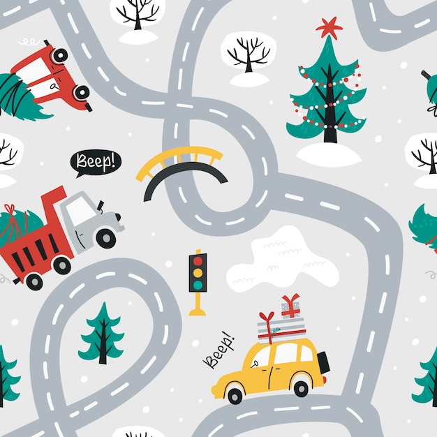 Christmas seamless pattern with cute cars