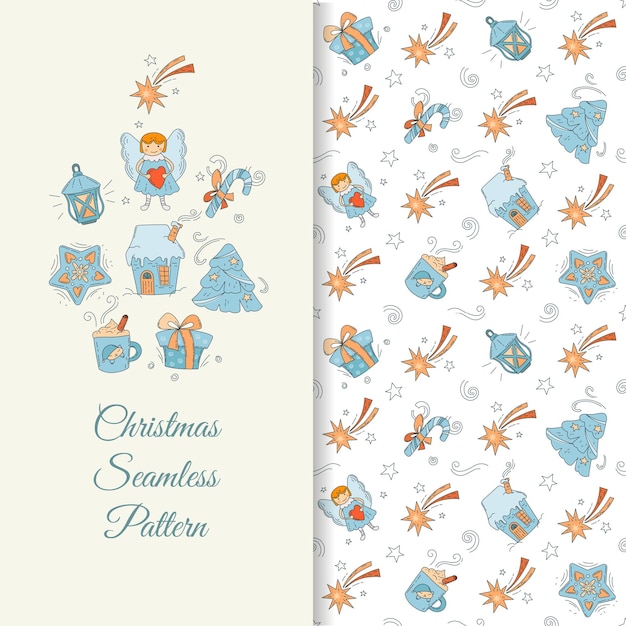 Vector christmas seamless pattern with cute christmas attributes