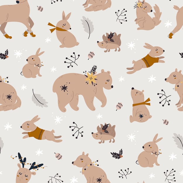 Christmas seamless pattern with cute forest animals.