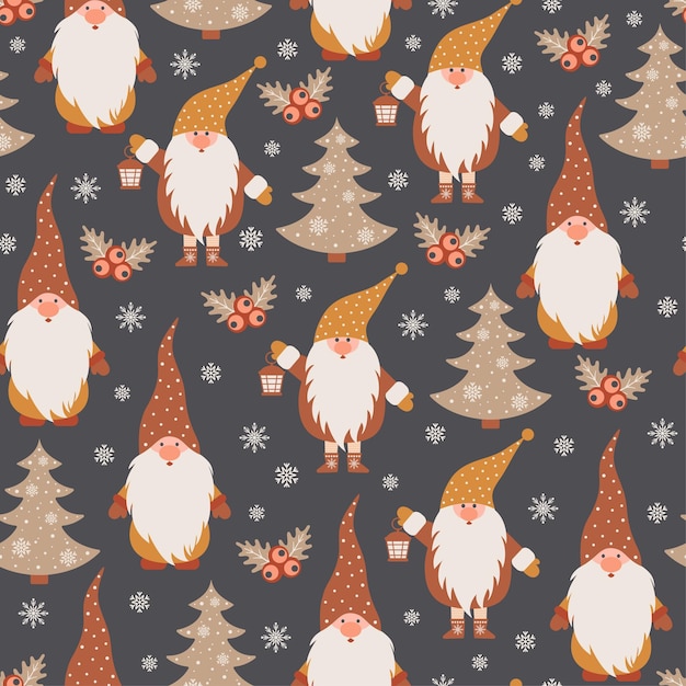 Christmas seamless pattern with cute gnomes on a dark background. Happy New Year background.