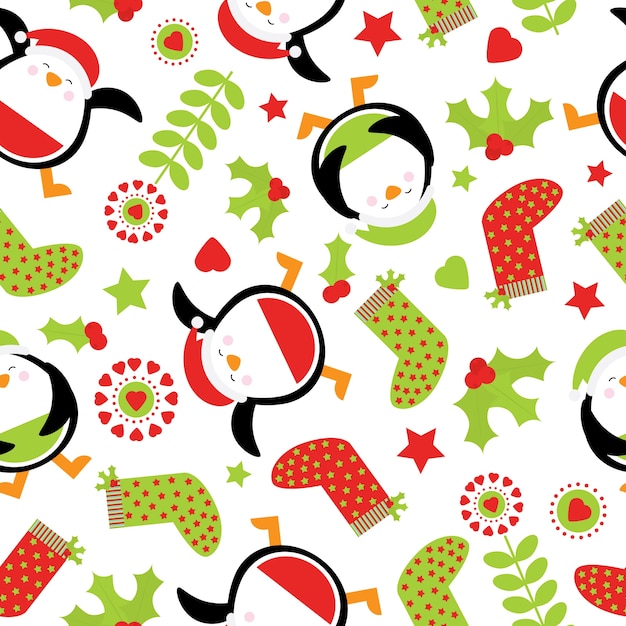 Vector christmas seamless pattern with cute penguin and xmas ornaments