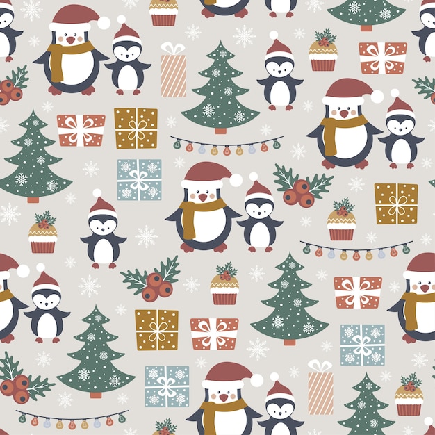 벡터 귀여운 펭귄, 새해 선물, 나무 및 기타 요소와 함께 크리스마스 원활한 패턴입니다.