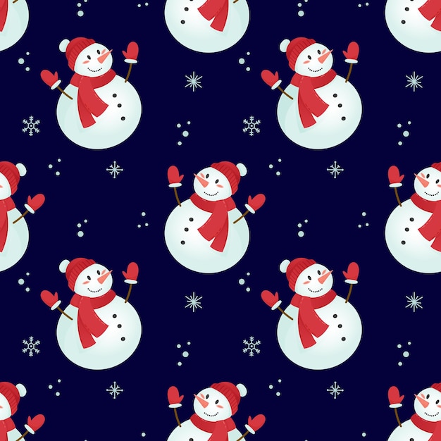 ベクトル 冬の服装を着た可愛い雪だるまと ⁇ 濃い青い背景の雪花を描いたクリスマスのシームレスパターン