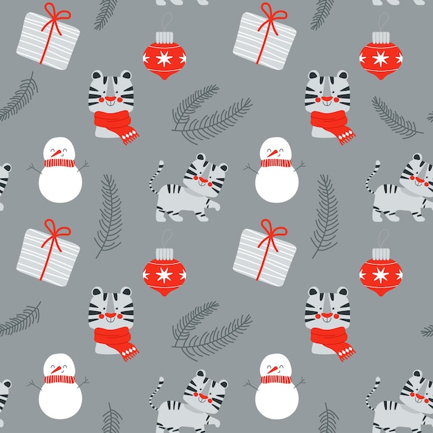 Christmas seamless pattern with cute tiger snowman fir twig gift vector illustration