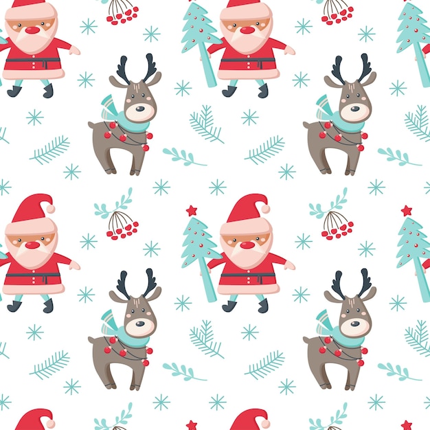 Christmas seamless pattern with deer, Santa Claus, tree, branch, snowflakes isolated on white background. Vector flat illustration. Design for backdrop, wrapping, wallpaper, textile, packaging