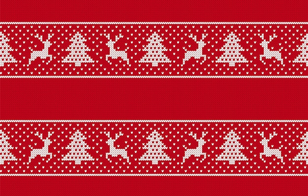 Vettore motivo natalizio senza cuciture con cervi e alberi stampa in maglia rossa sfondo maglione lavorato a maglia trama geometrica di natale