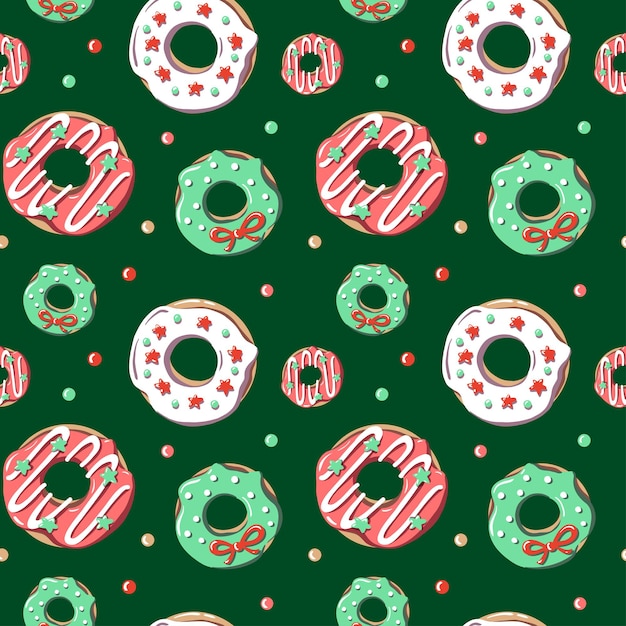 Vector christmas seamless pattern with donuts on green background. festive food