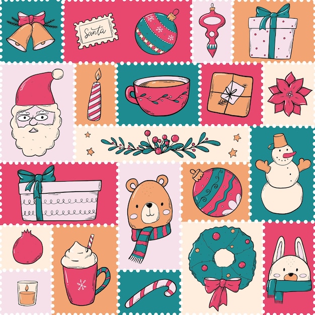 Рождественский бесшовный рисунок с рисунками для обоев, печати, оберточной бумаги, текстиля и т. д.