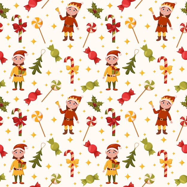 Christmas seamless pattern with elves candy socks christmas decorations and toys
