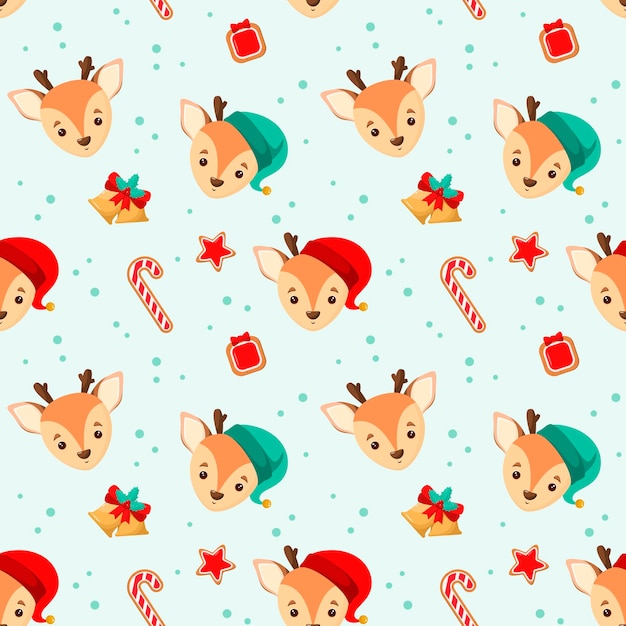 새끼 사슴과 함께 크리스마스 완벽 한 패턴입니다. 만화 스타일입니다.