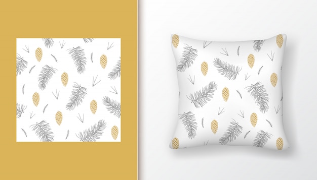 Vector christmas seamless pattern with fir tree branches and golden pine cones on pillow mock up.