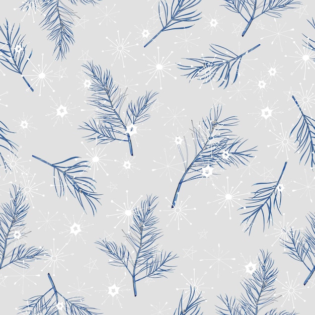 Christmas seamless pattern with fir tree branches, snowflakes. X-mas background for festive season design, textile, print, wallpapers, greeting cards, wrapping paper. Winter vector illustration.