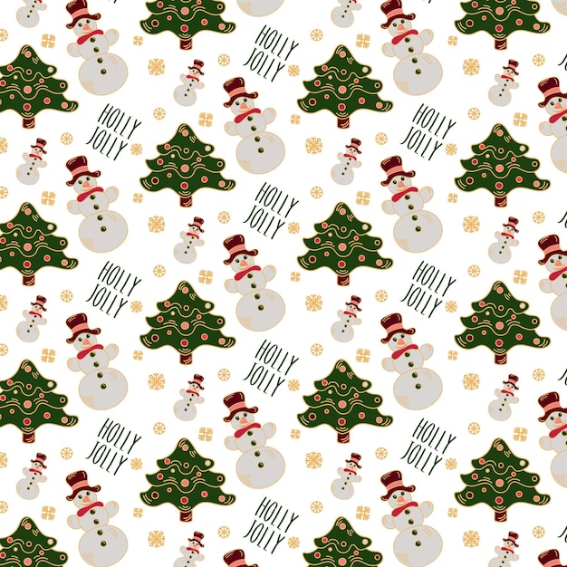 Christmas seamless pattern with firtree and snowman on white background. Holly Jolly text