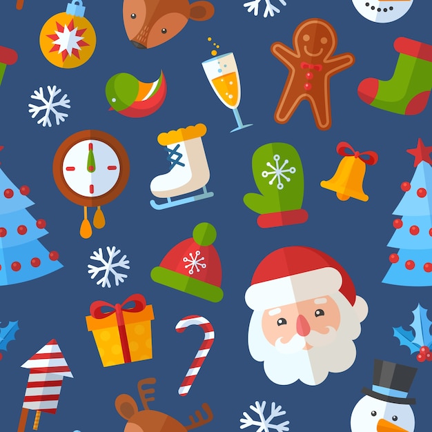 Christmas seamless pattern with flat santa, deer, gingerbread cookie