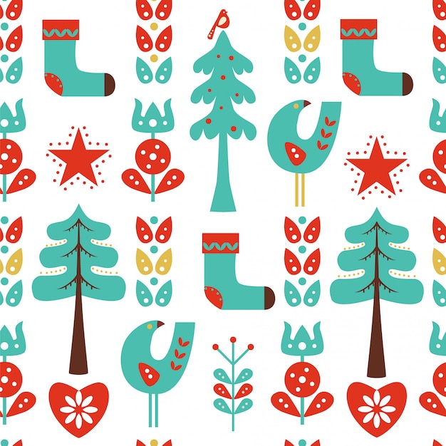 Vector christmas seamless pattern with flowers, birds and socks.