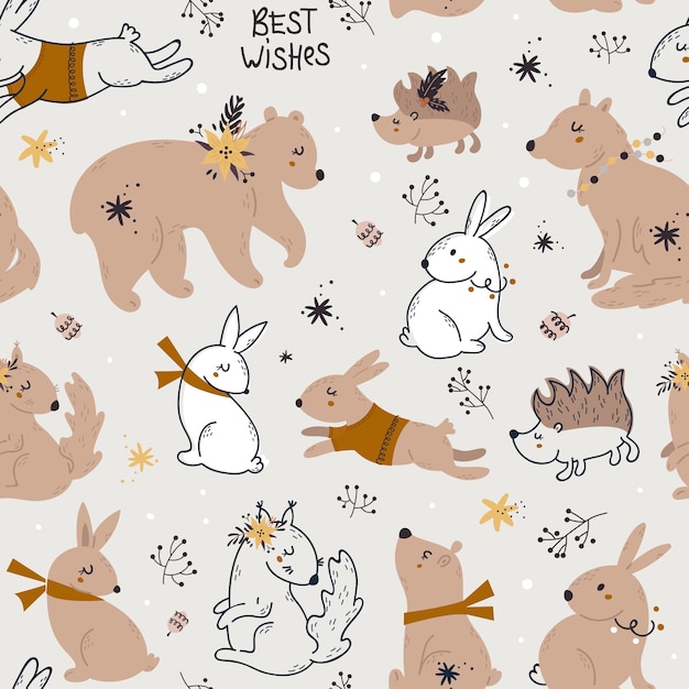 Christmas seamless pattern with forest animals.