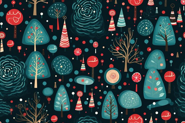 Vector christmas seamless pattern with forest trees and snowflakes on light background