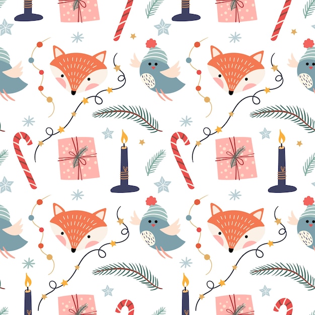 Christmas seamless pattern with foxes, birds, candles and ornaments