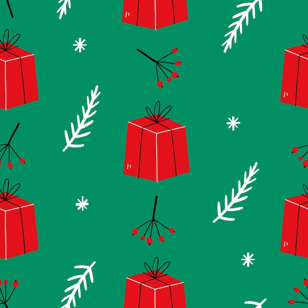 Christmas seamless pattern with gift boxes branches and berries