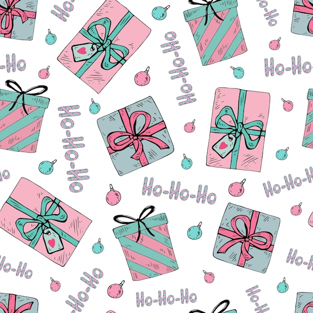 christmas seamless pattern with gifts and the inscription hohohohandmade vector christmas pattern