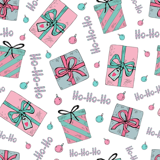 Christmas seamless pattern with gifts and the inscription hohohohandmade vector christmas pattern