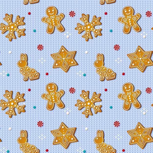 Christmas seamless pattern with gingerbread cookies on blue knitted background. xmas homemade biscuits in shape of rabbit and gingerbread man, snowflake and star. vector illustration