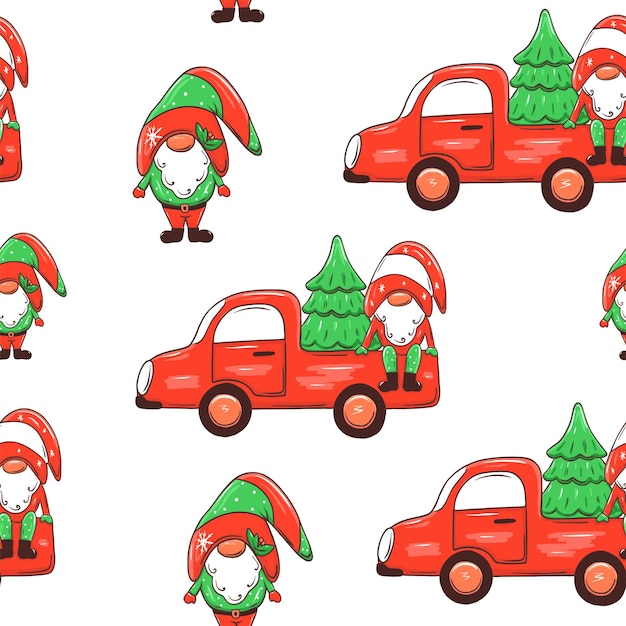 Christmas seamless pattern with gnome in truck