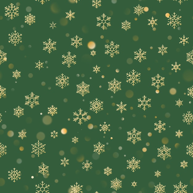 Рождество бесшовные модели с золотыми снежинками на зеленом фоне. праздник на рождество и новогоднее украшение.