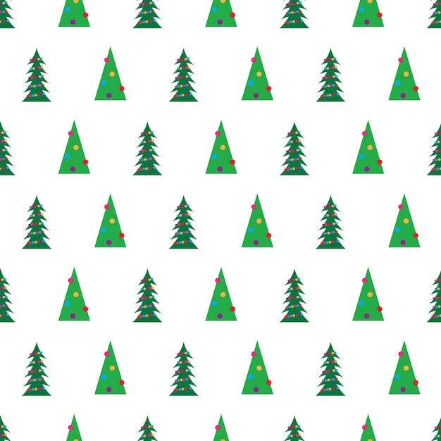 Christmas seamless pattern with green christmas trees with colorful toys, balls and garlands. vector illustration