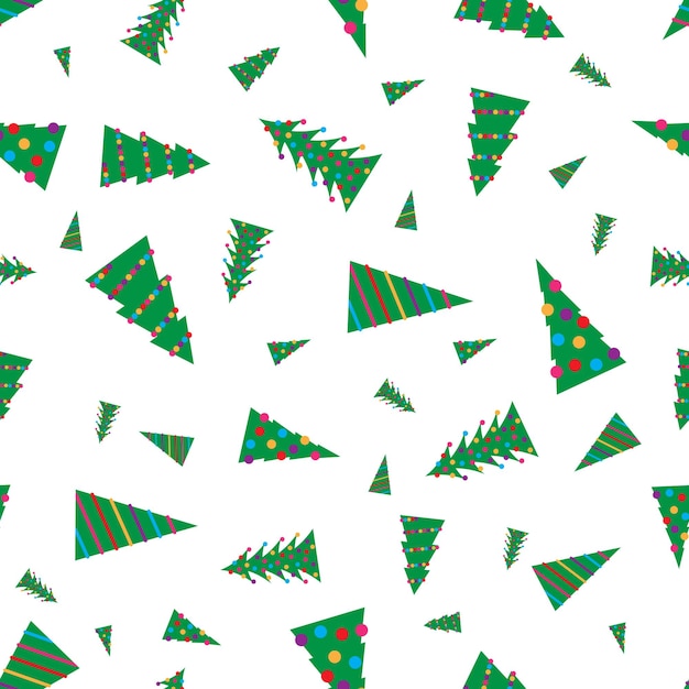 Christmas seamless pattern with green Christmas trees with colorful toys, balls and garlands. Vector illustration