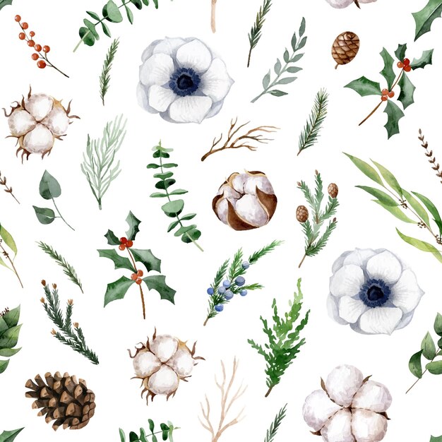 Christmas seamless pattern with greenery, cotton flowers, holly in minimalistic Scandinavian style.