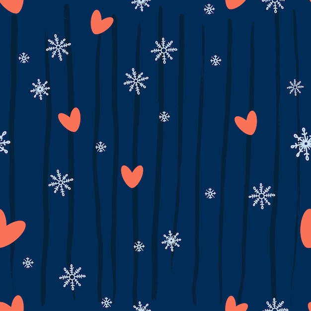 Christmas Seamless pattern with hearts and snowflakes on blue background